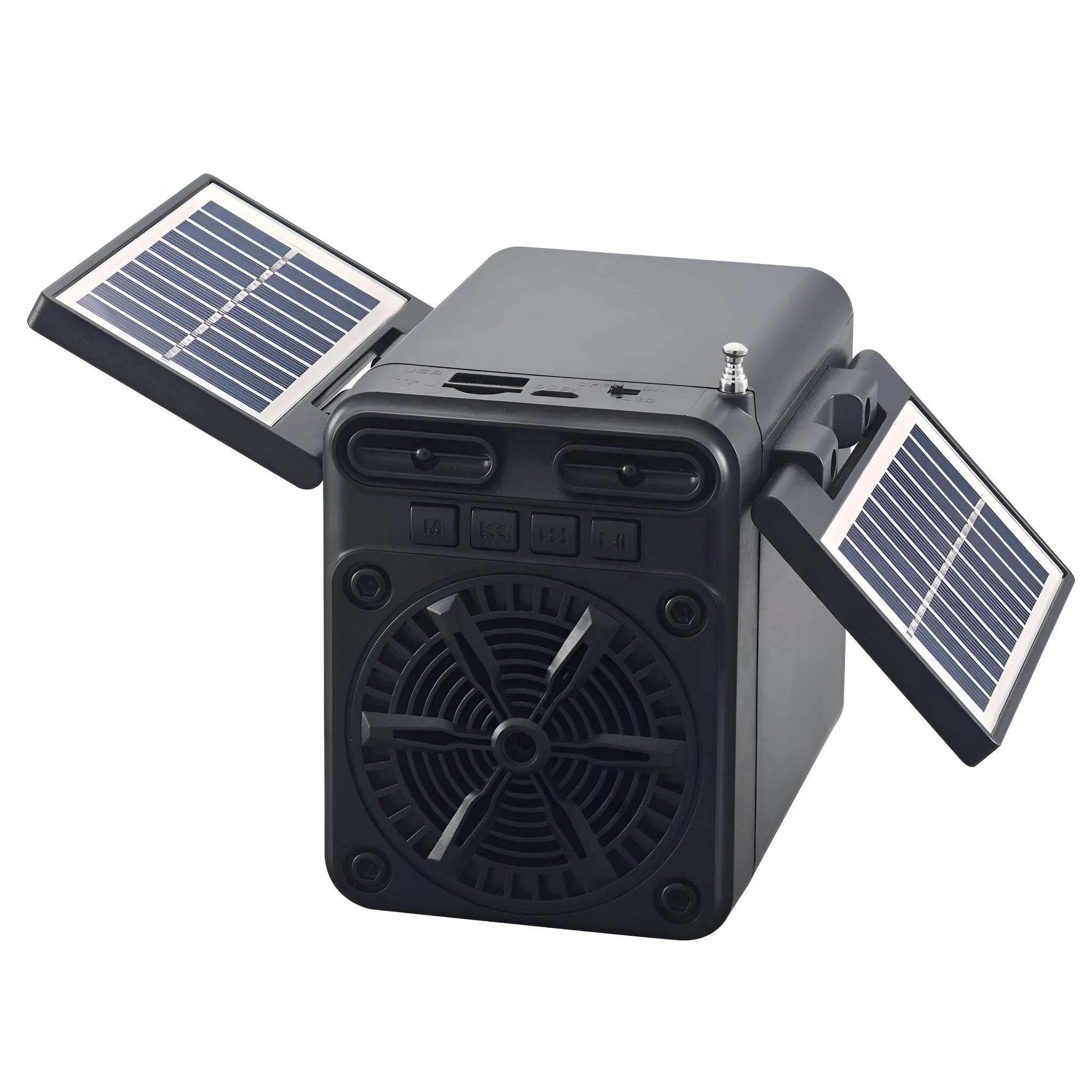 Black plastic solar emergency FM radio with USB charging port and built-in speaker, 10.5x11.5x9.5 cm