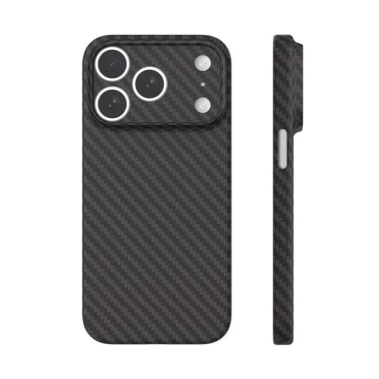 Kevlar carbon fibre texture PP phone case in Pure Black or Titanium Gray, minimalist back cover for iPhone