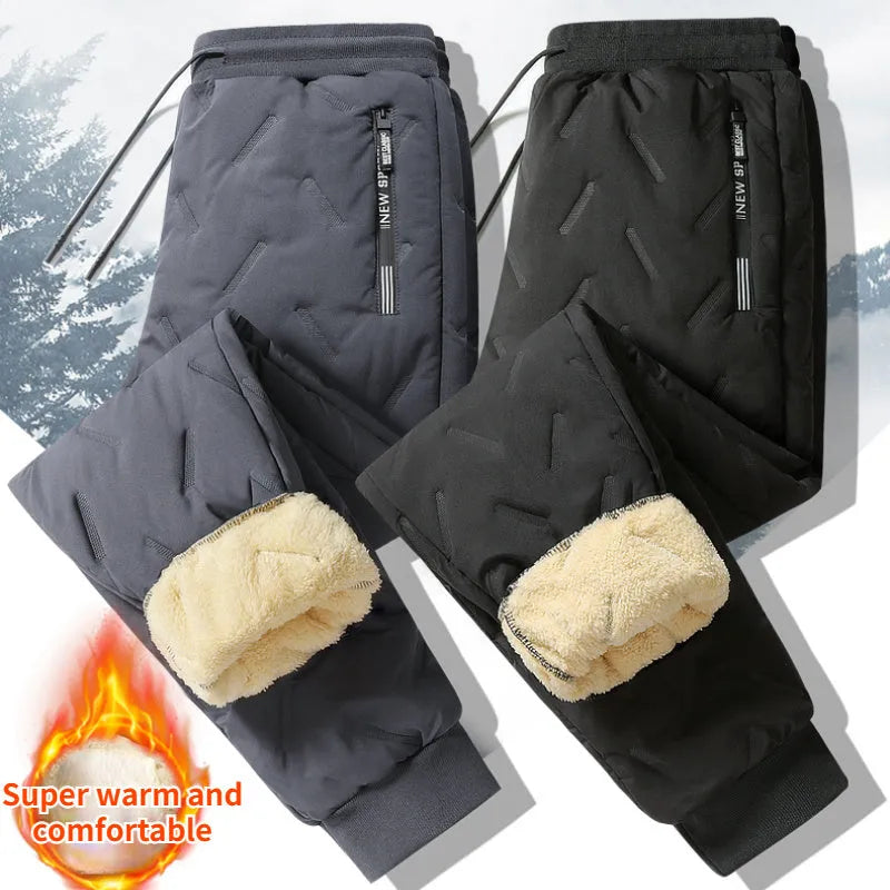 Men's winter fleece sweatpants in black straight-leg style with thick lambswool lining and elastic fabric