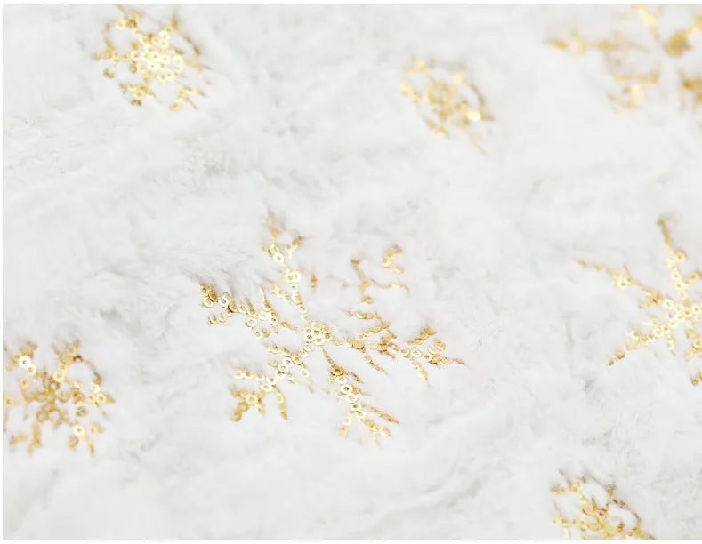 Christmas sequin embroidered tree skirt in silver on floor under decorated tree, 90cm or 122cm imitation rabbit fur polyester