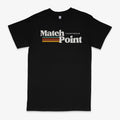 Black men's t-shirt with a 3D digital printed pattern, round neck, and short sleeves on a plain background.