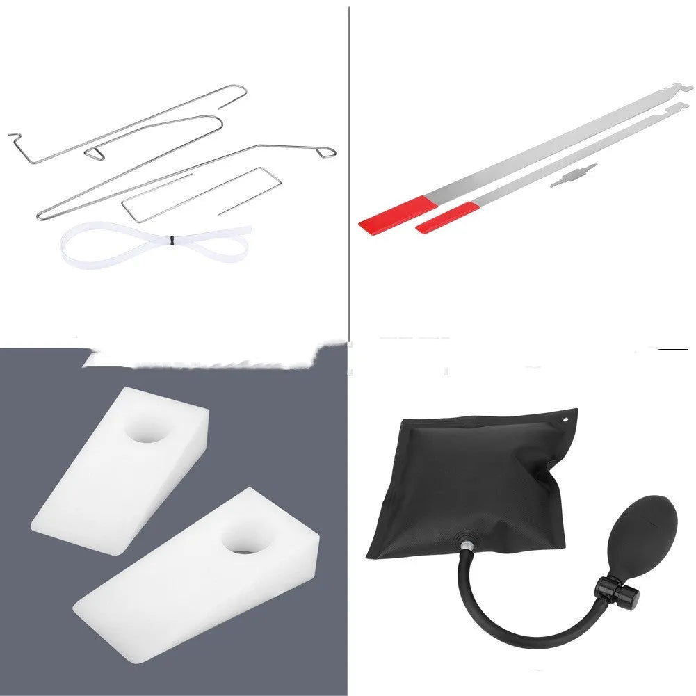 9-piece automotive tool set with air pump wedge, plastic wedges, metal hooks and crowbars