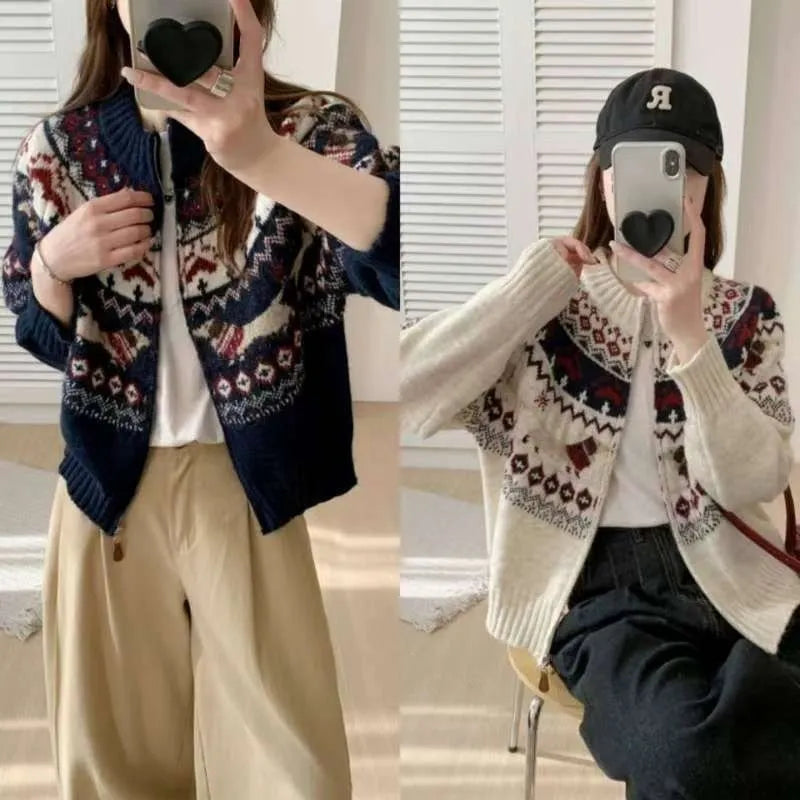 Ethnic style jacquard pullover sweater with 3D pattern in apricot beige colour, loose fit with round neck and long sleeves