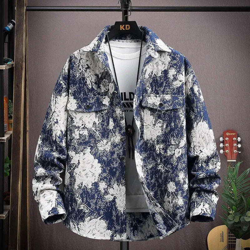 Men's casual lapel shirt coat in a blue colour variant, showing long sleeves and straight hem design.