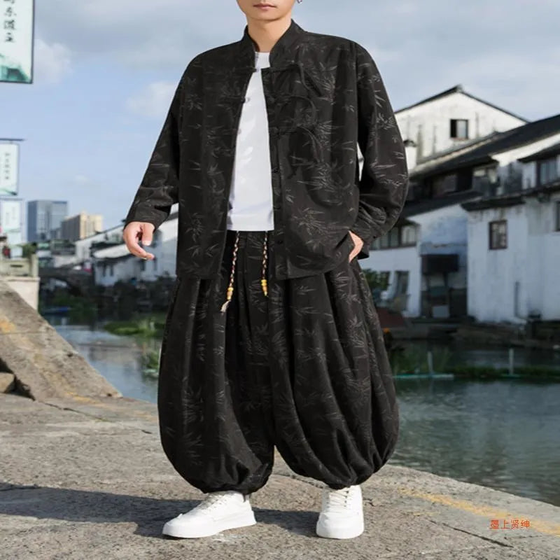 Chinese style men's corduroy casual pants in brown, cotton blend fabric, side view on model.