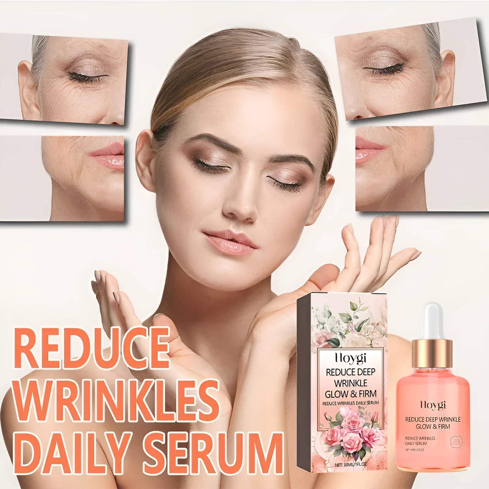 30ml bottle of rose essential oil serum for facial wrinkles and brightening