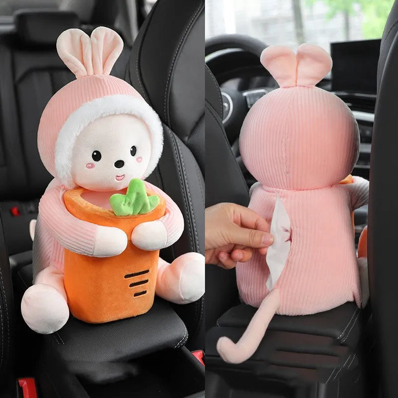 Plush car tissue box and trash can two-in-one unit in pink soft rabbit design on car centre console