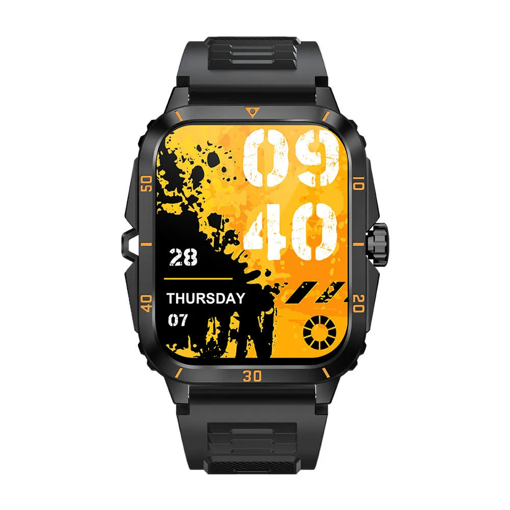 Black outdoor sports smart watch with Bluetooth calling, TFT screen, and silicone strap