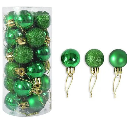 Assortment of shiny and matte 3cm plastic Christmas ball ornaments in ten different colours.