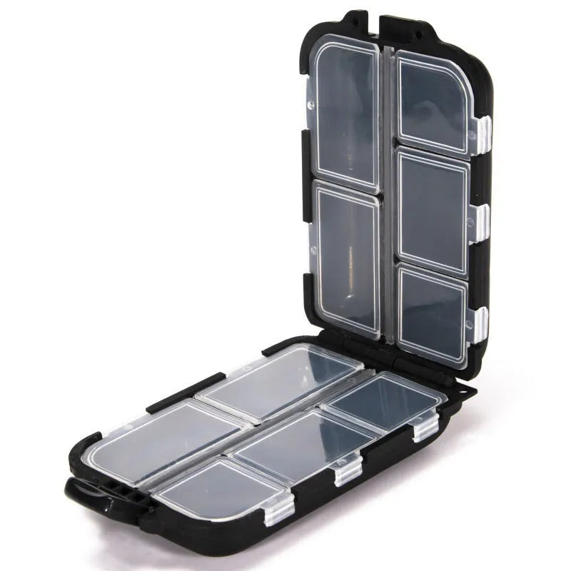 Small plastic fishing tackle storage box with 10 compartments in black, blue, or green