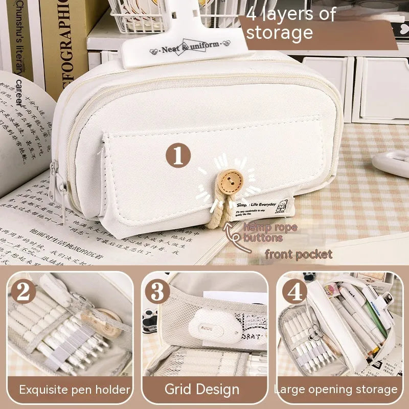 Canvas pencil case in Korean style with large capacity for approximately 80 pens