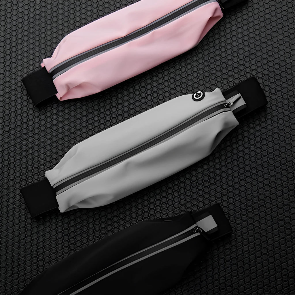 Lightweight waterproof running pouch with reflective strip in black, stretch fit design for waist