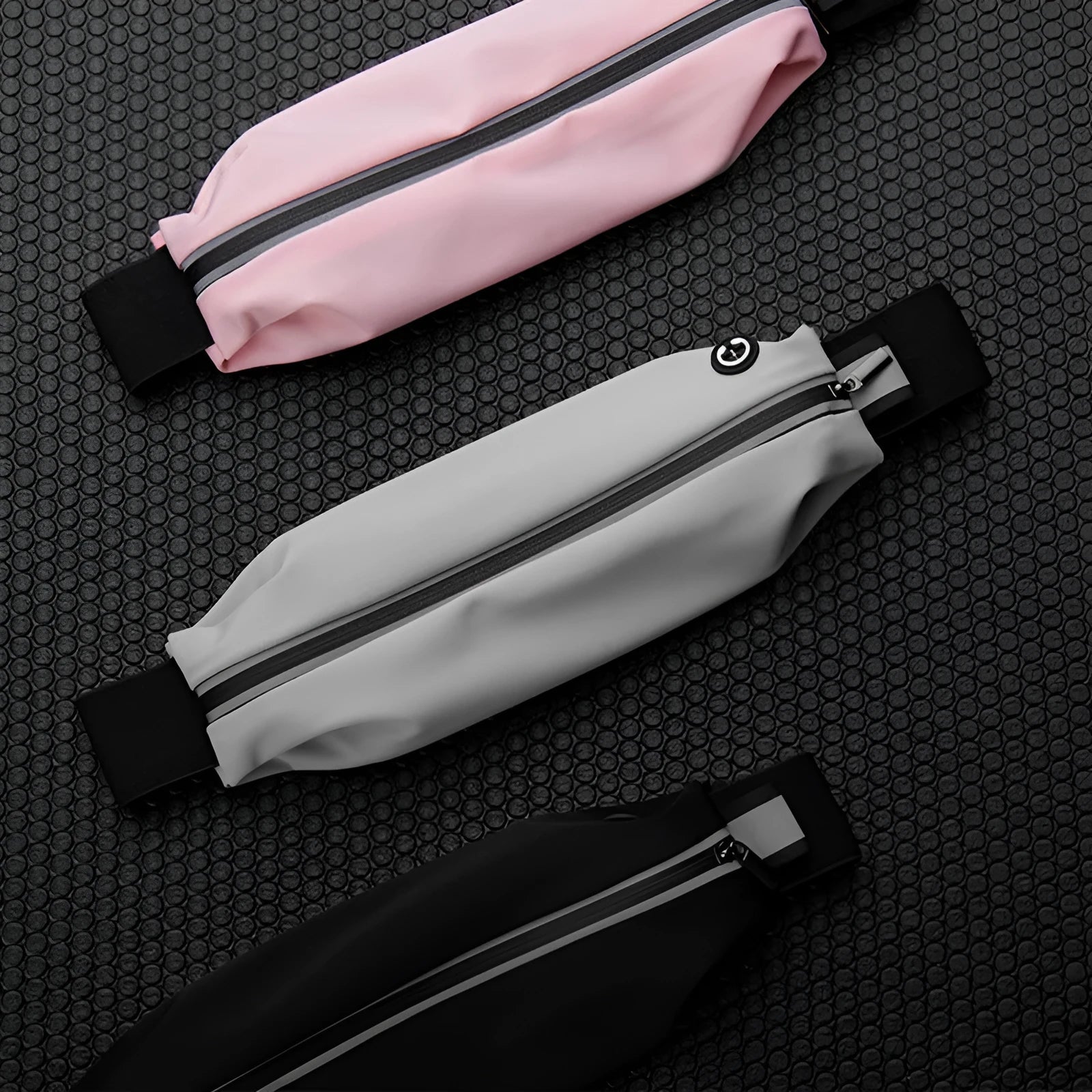 Lightweight waterproof running pouch with reflective strip in black, stretch fit design for waist