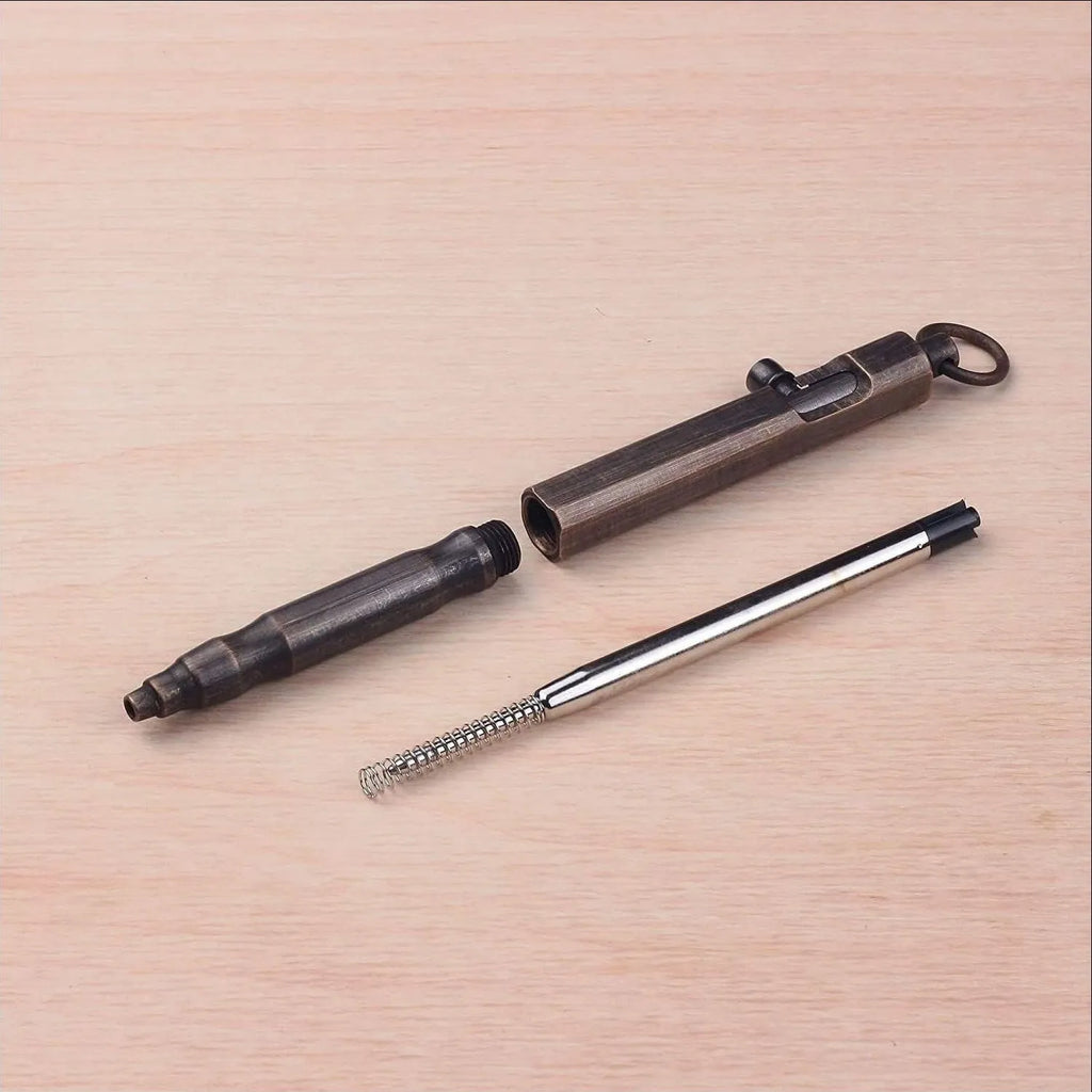 Brass hexagonal bolt tactical pen in natural brass and retro black colours, showing 13cm length.