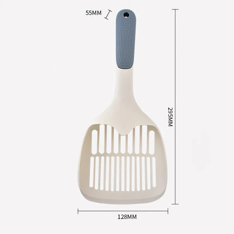 Large white plastic cat litter shovel for scooping clumping tofu cat litter.