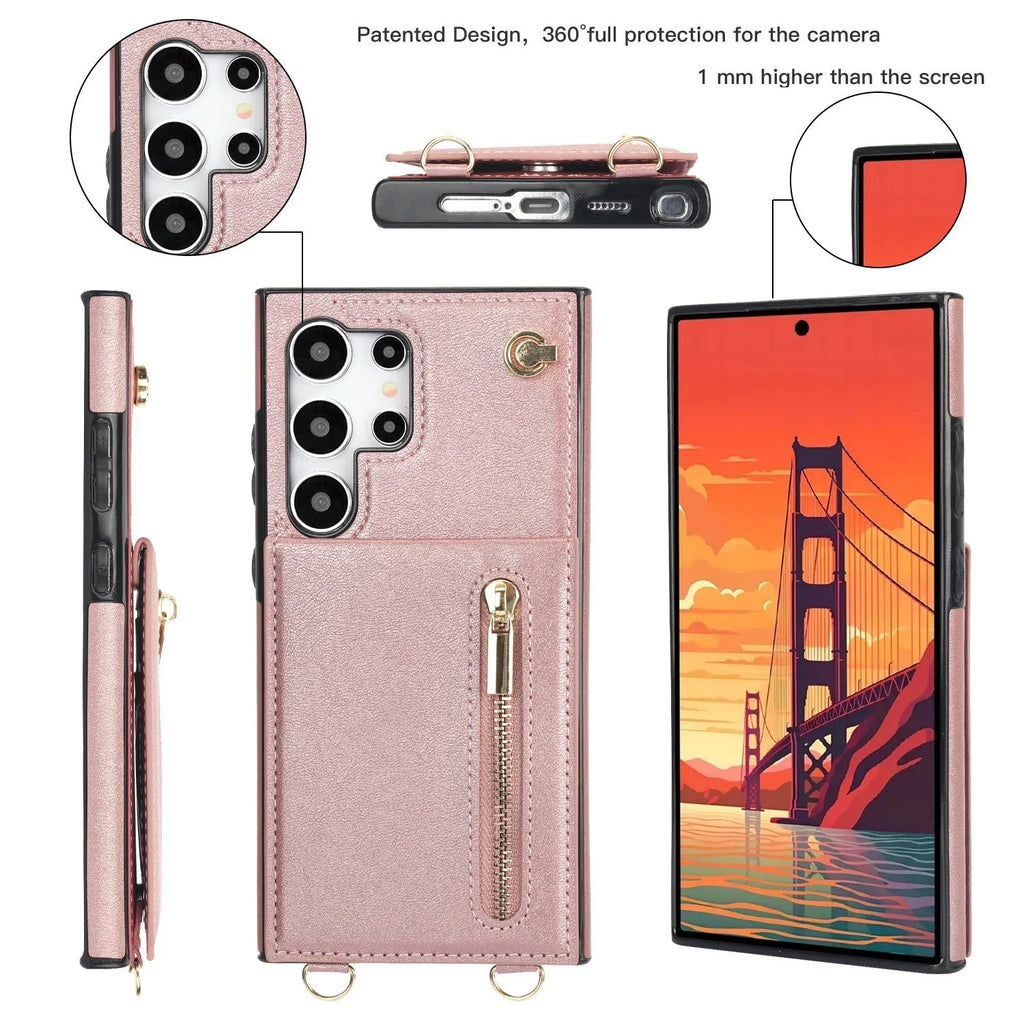 Samsung phone case with card holder slot, kickstand bracket, and crossbody zipper in black PU leather.