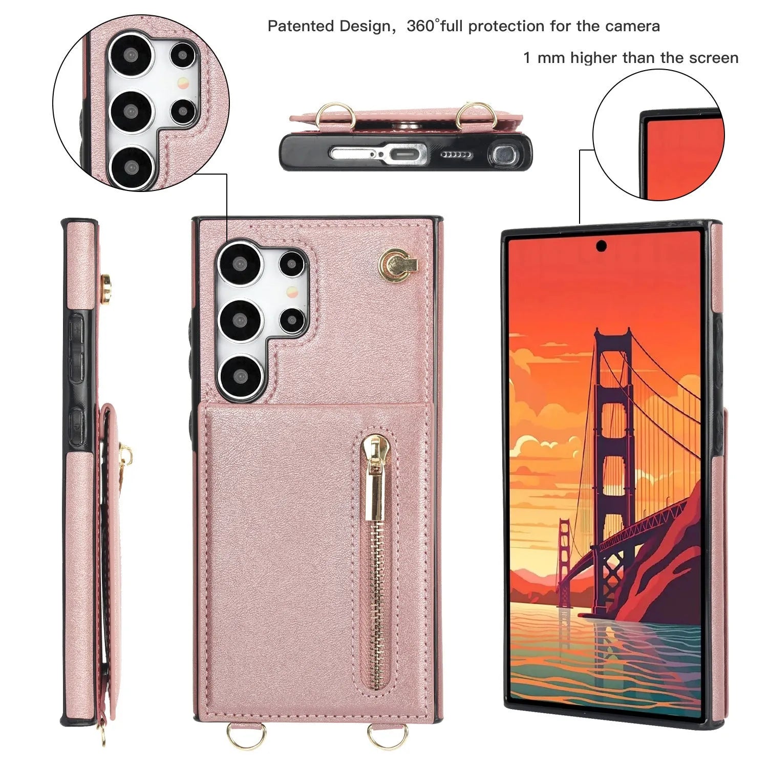 Samsung phone case with card holder slot, kickstand bracket, and crossbody zipper in black PU leather.