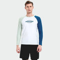Men's white long sleeve swim shirt with matching beach trunks set for water sports
