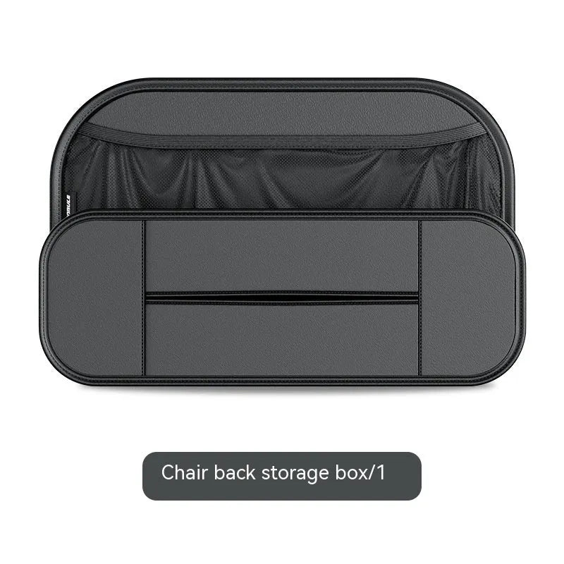 Black leather car seat rear storage bag showing compartments and dimensions
