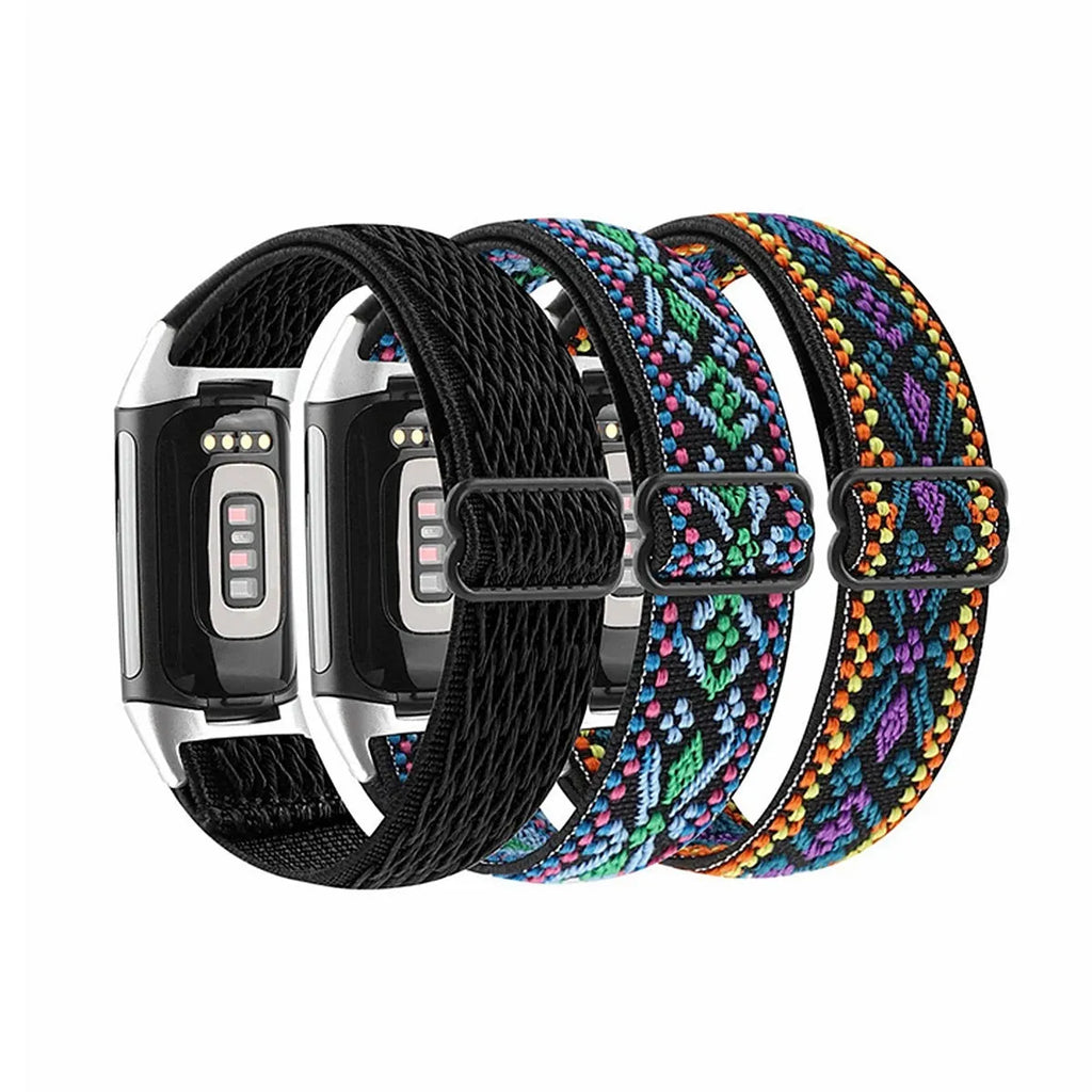 Nylon elastic strap with silver metal toe cap for Fitbit Charge 5 or 6, black colour