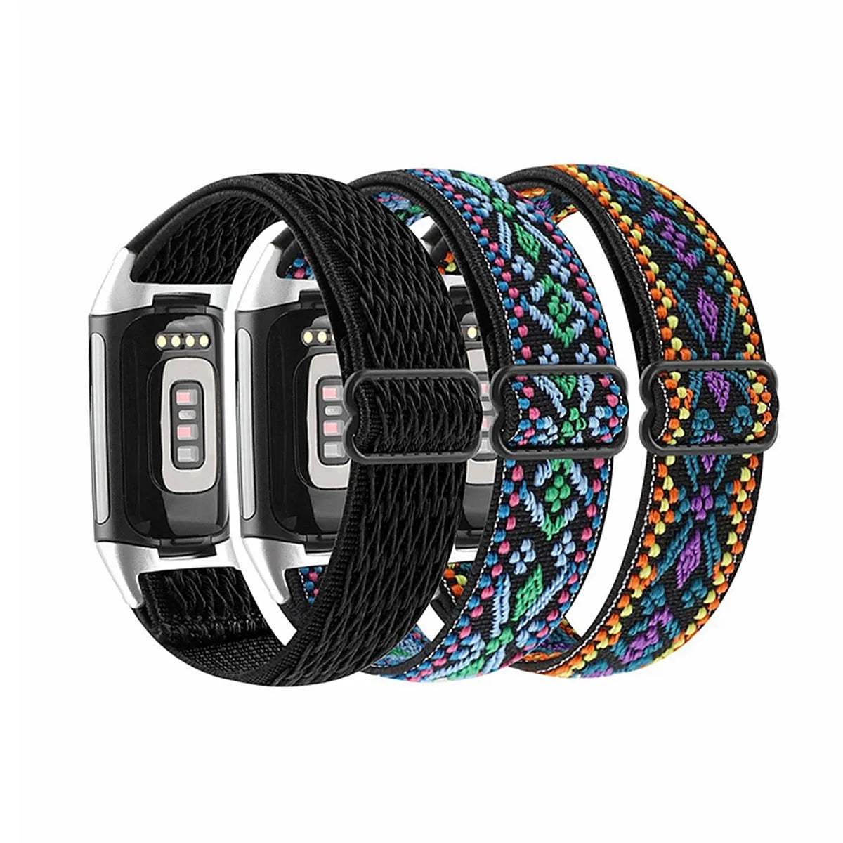 Nylon elastic strap with silver metal toe cap for Fitbit Charge 5 or 6, black colour