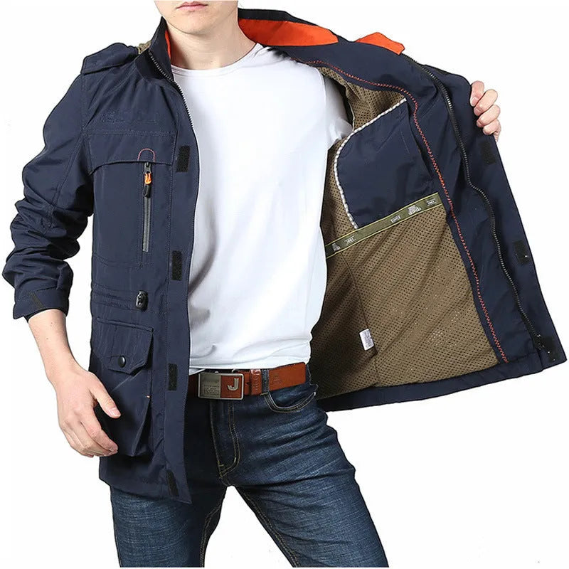 Men's casual outdoor hooded plus size jacket with letter print, stand-up collar, and loose fit in polyester