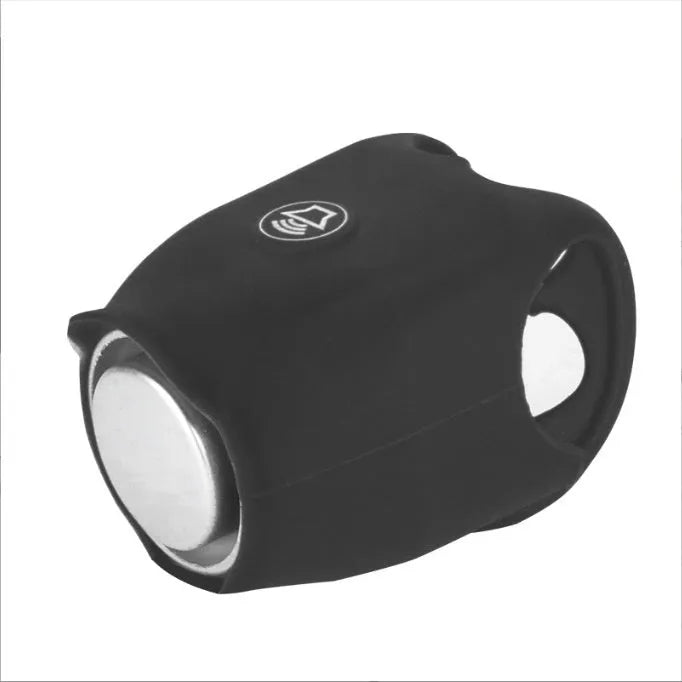 A plastic bicycle electronic horn in a choice of colours, showing handlebar mounting and two button cell batteries.
