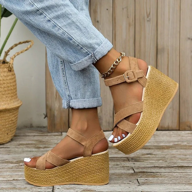 Women's wedge sandals with hemp heels, non-slip cross-strap, and hollow-out lamb pulp upper in army green