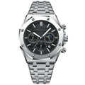 Men's automatic watch with 44mm stainless steel case and black dial on steel bracelet