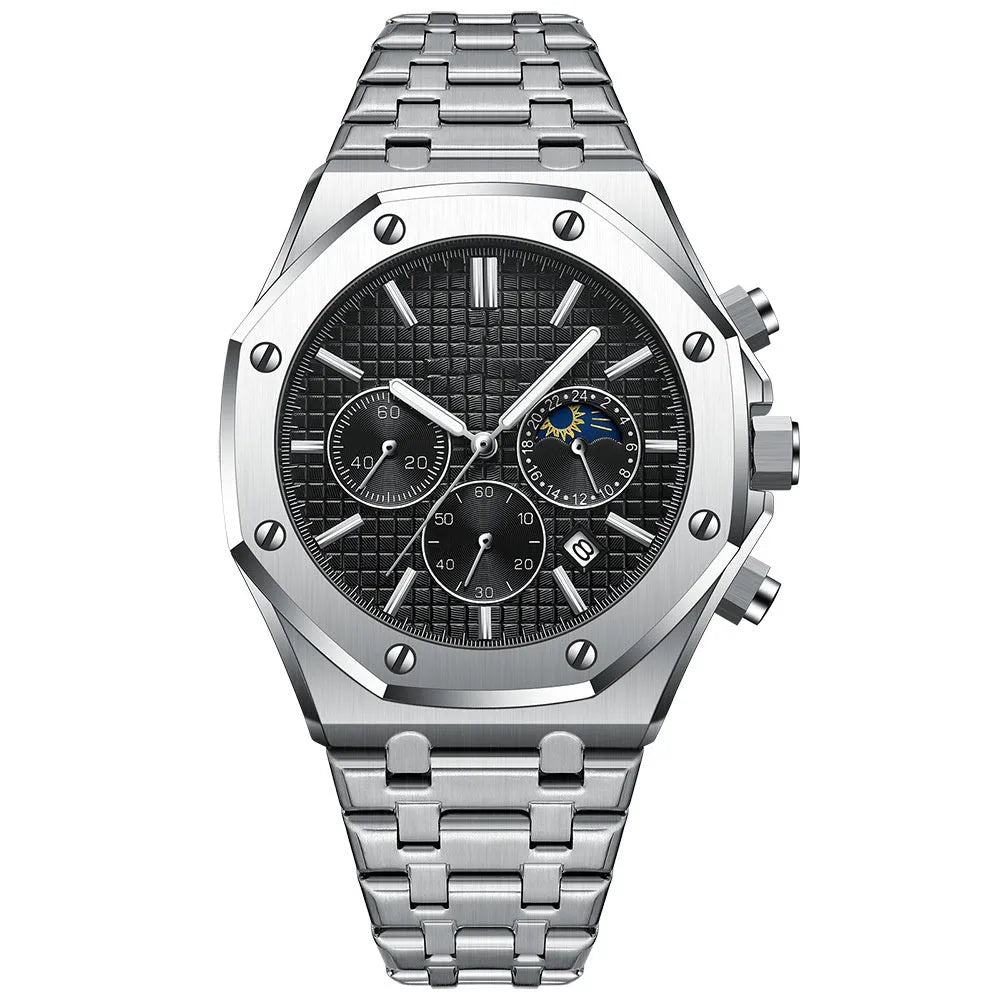 Men's automatic watch with 44mm stainless steel case and black dial on steel bracelet