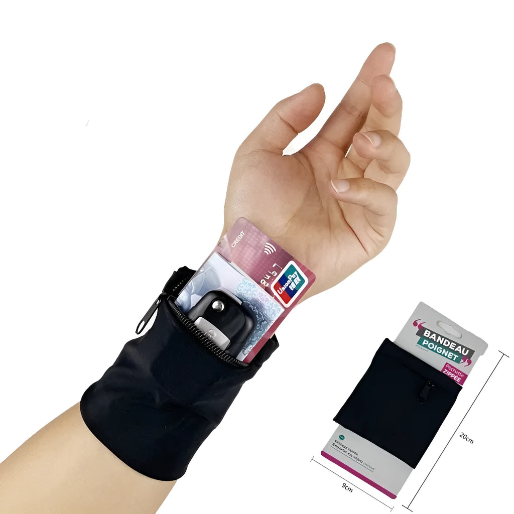 Compact black wrist bag armband sleeve for phone, shown with OPP packaging, dimensions 10cm by 10.5cm.