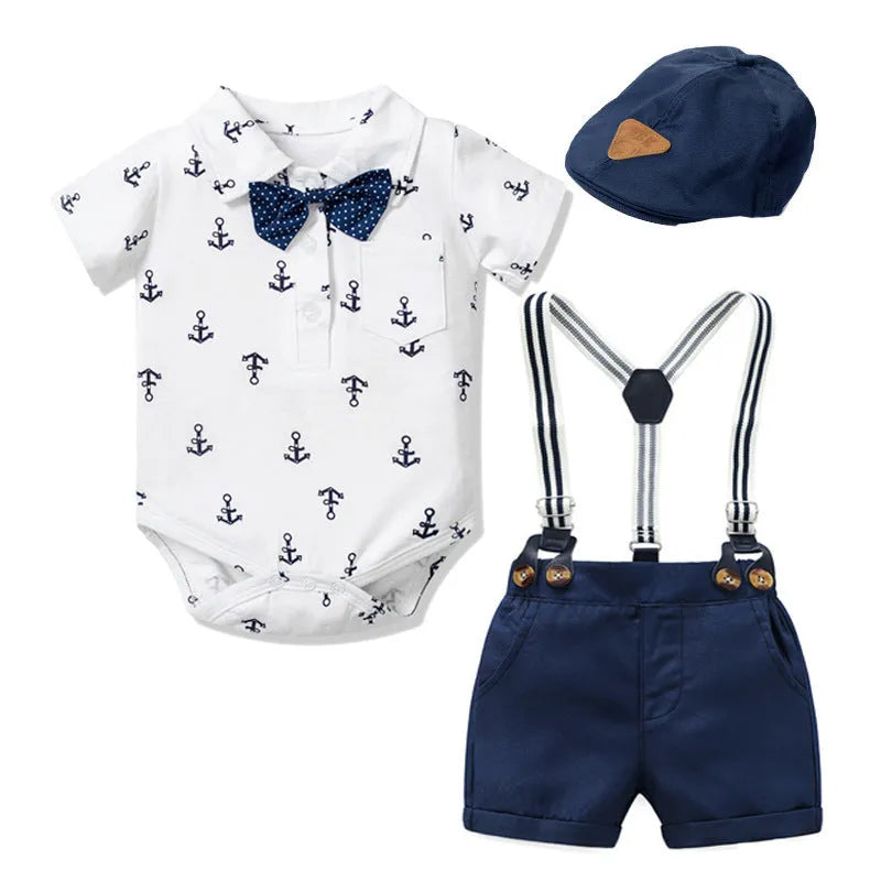 Blue and white cotton baby boy romper with triangle print and short sleeves