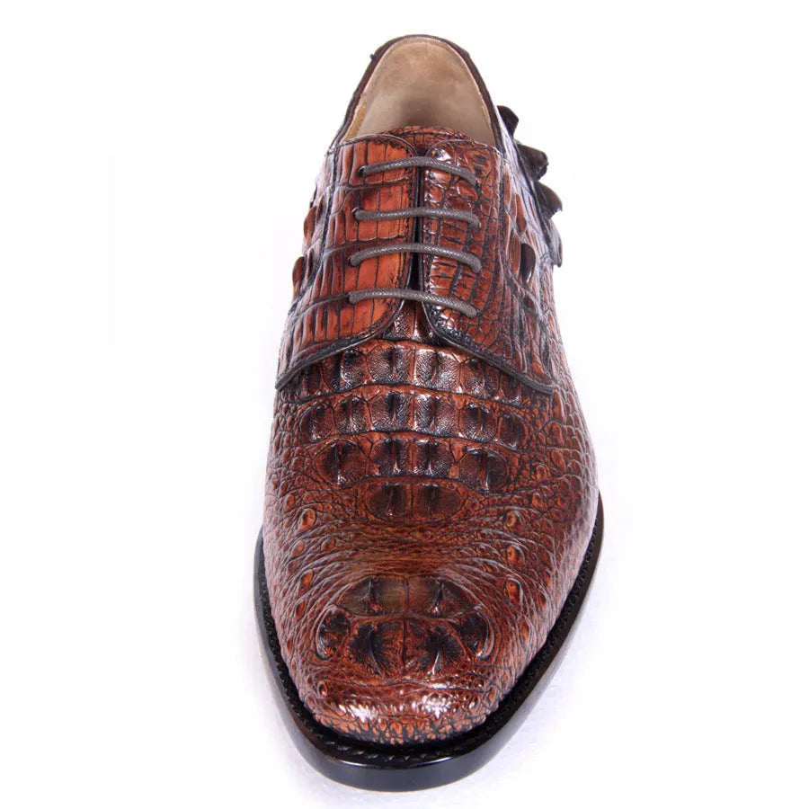 Men's brown crocodile skin leather business dress shoes with leather sole, side view