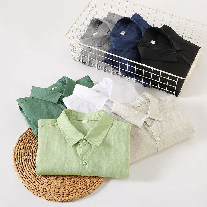 Linen long sleeve shirt in Chinese cardigan style showing loose fit and sun protection design