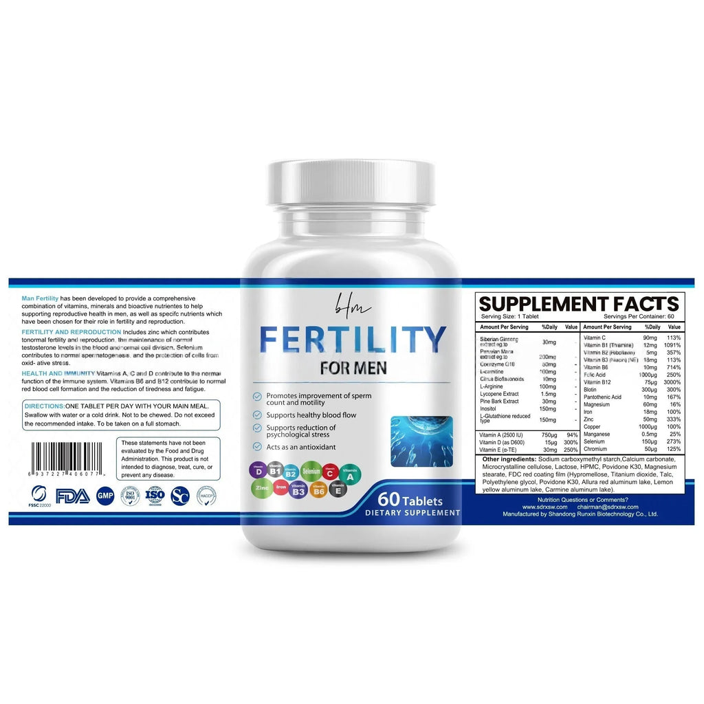 Bottle of male fertility tablets containing 60 count with COMLEX vitamin mineral amino acids formula.