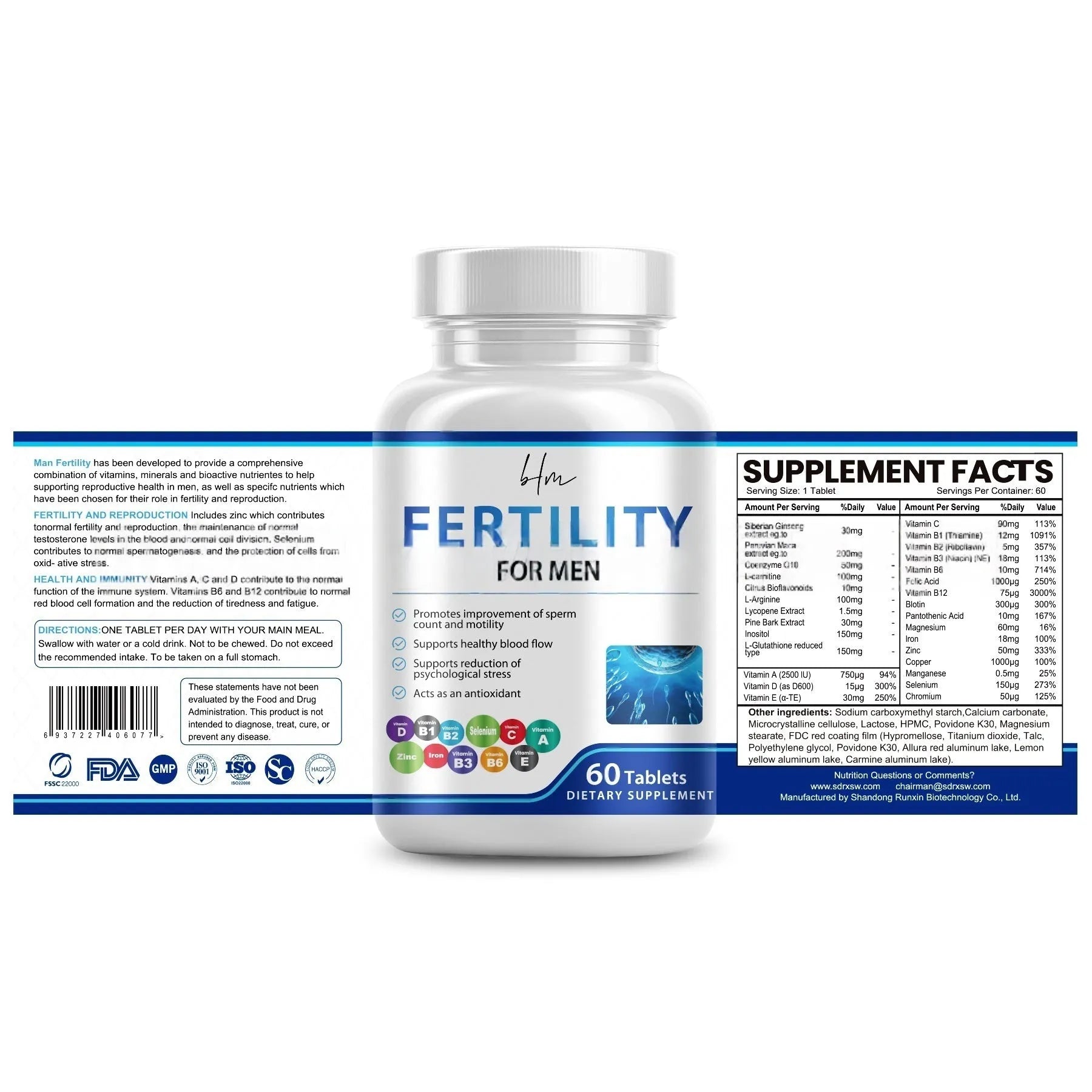 Bottle of male fertility tablets containing 60 count with COMLEX vitamin mineral amino acids formula.