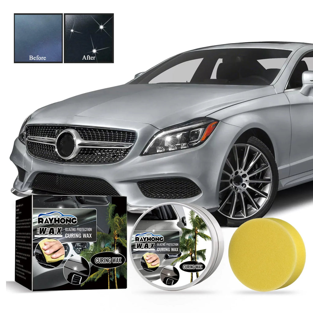 Car coating wax block and sponge applicator kit for paint restoration and protection.