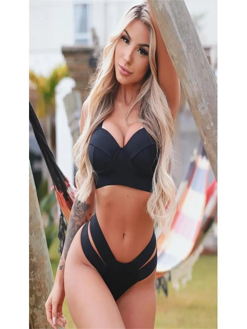 Women's rose red bikini swimsuit with steel bracket push-up board, shown with matching pants.
