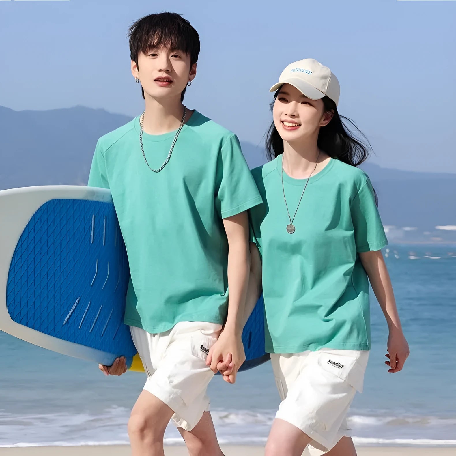 Men's solid colour pure cotton short sleeve T-shirt on a hanger, showing crew neck and straight fit.