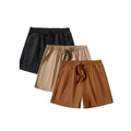 Three pairs of men's solid colour casual shorts with drawstring waistbands, shown in black, khaki, and light brown.