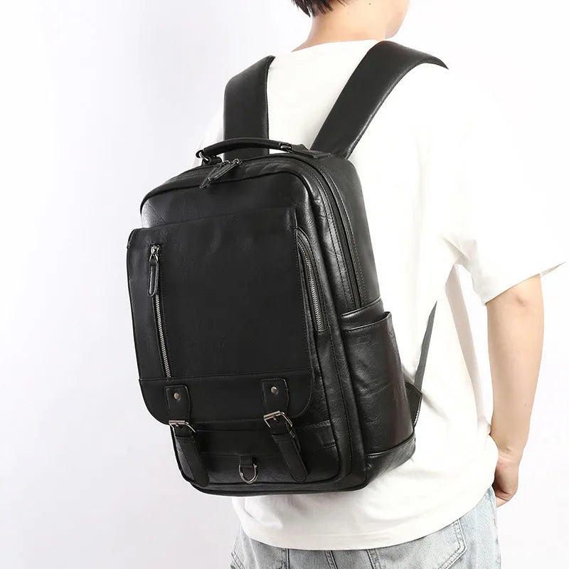Men's casual business backpack in solid colour, black PU leather, urban simplicity style for travel