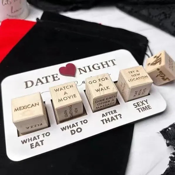 Wooden date night dice game set with five natural wood dice and planner board for couples