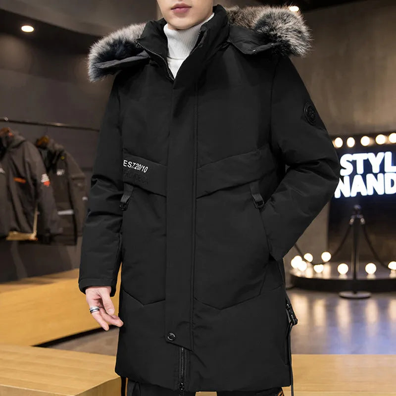 Men's long thickened down jacket in black, white duck down filling, sizes M to 3XL