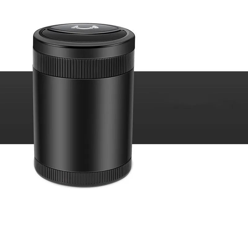 Automatic sensing vehicle ashtray with USB port in grey, black, red, or blue.