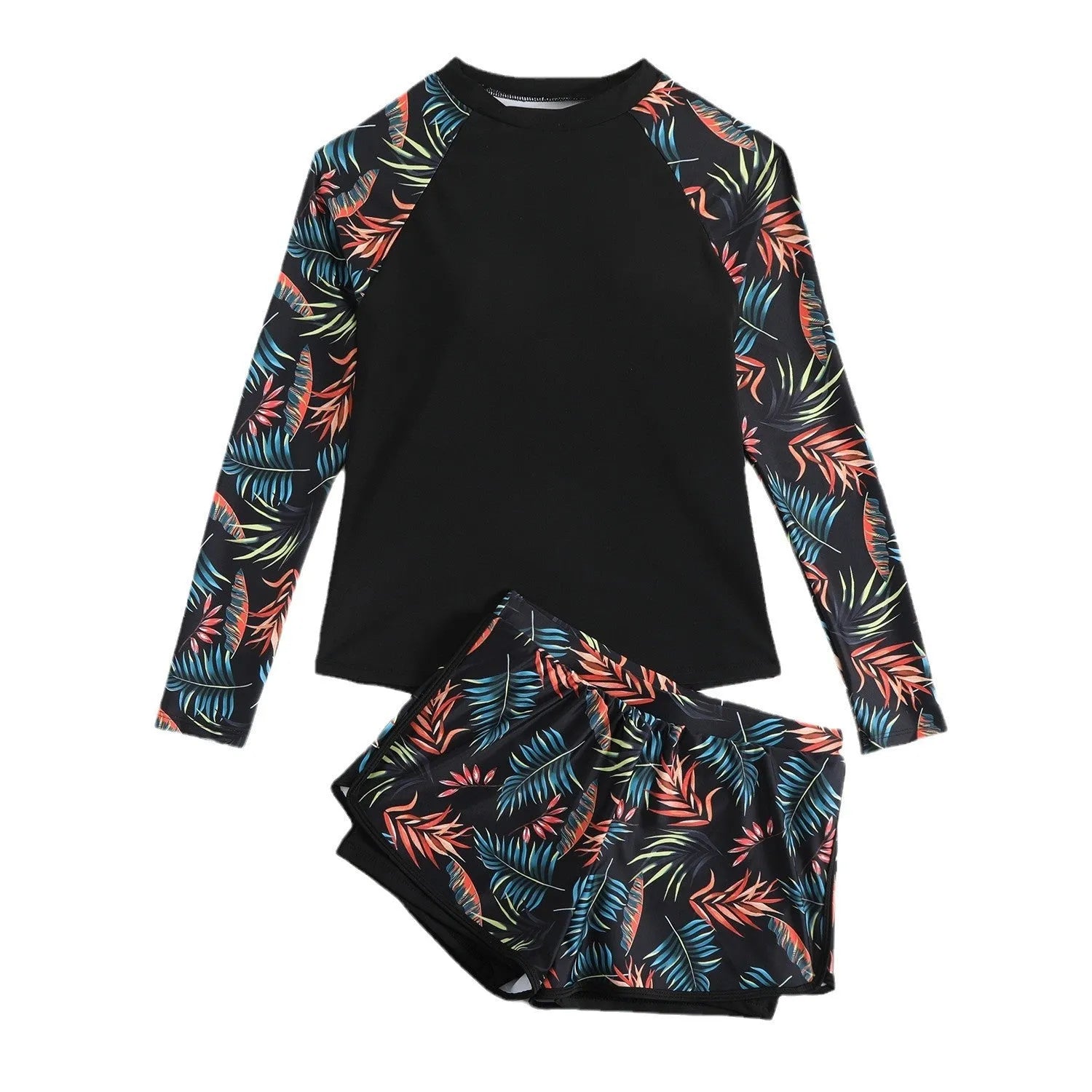 Printed stitching women's split tankini swimsuit in dark blue leaves pattern, polyester briefs style