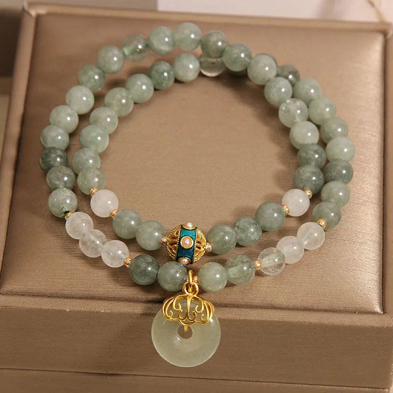Women's aventurine double-layer jade bracelet with safety buckle in oil green with rhinestone accents