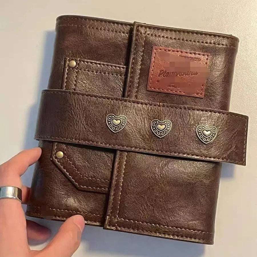 Brown retro leather buckle notebook in A7 size with PU cover and loose-leaf binding