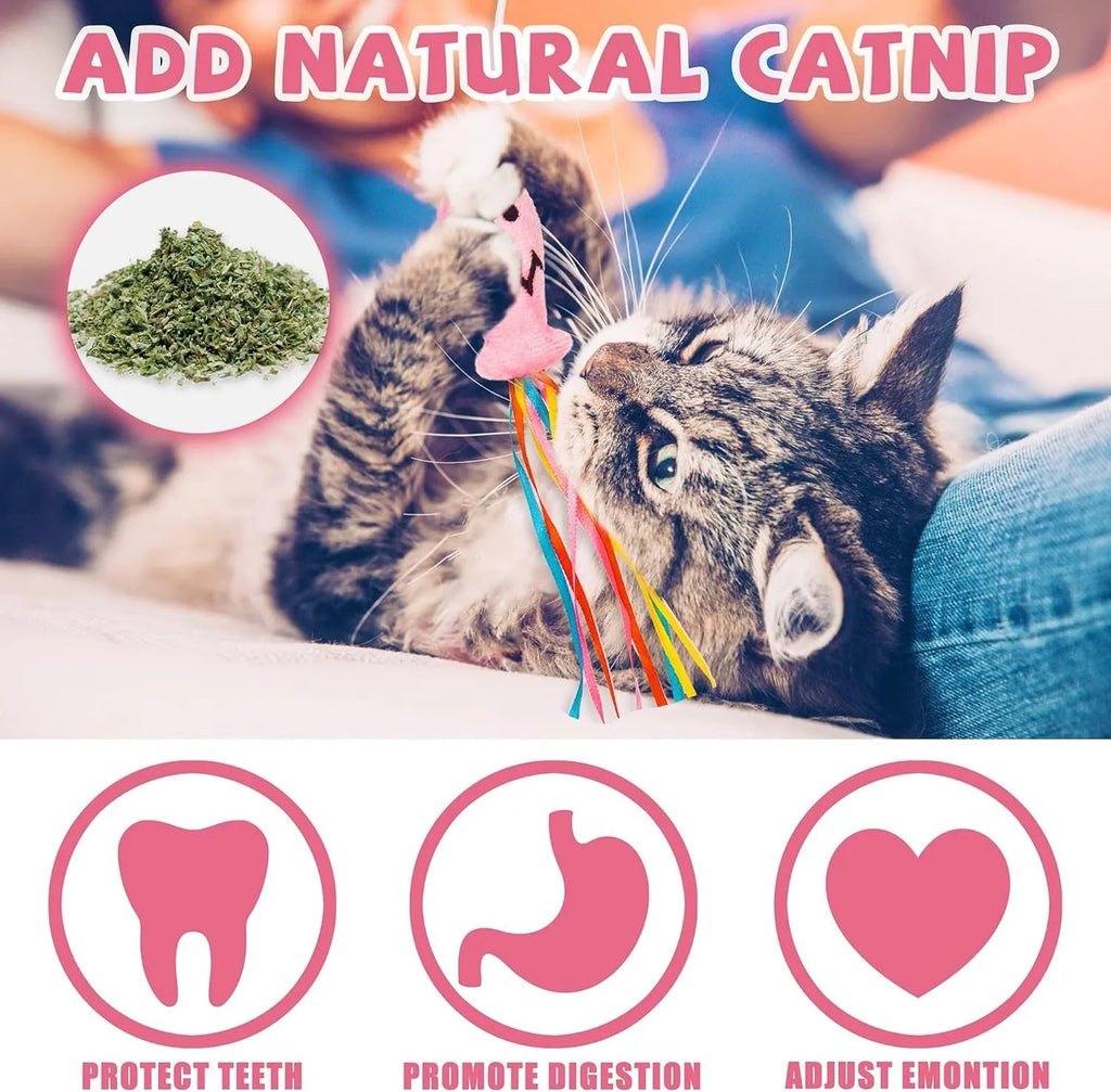 Colourful cat wand toy with ribbons, catnip fish, and bell on a wooden handle for indoor cats