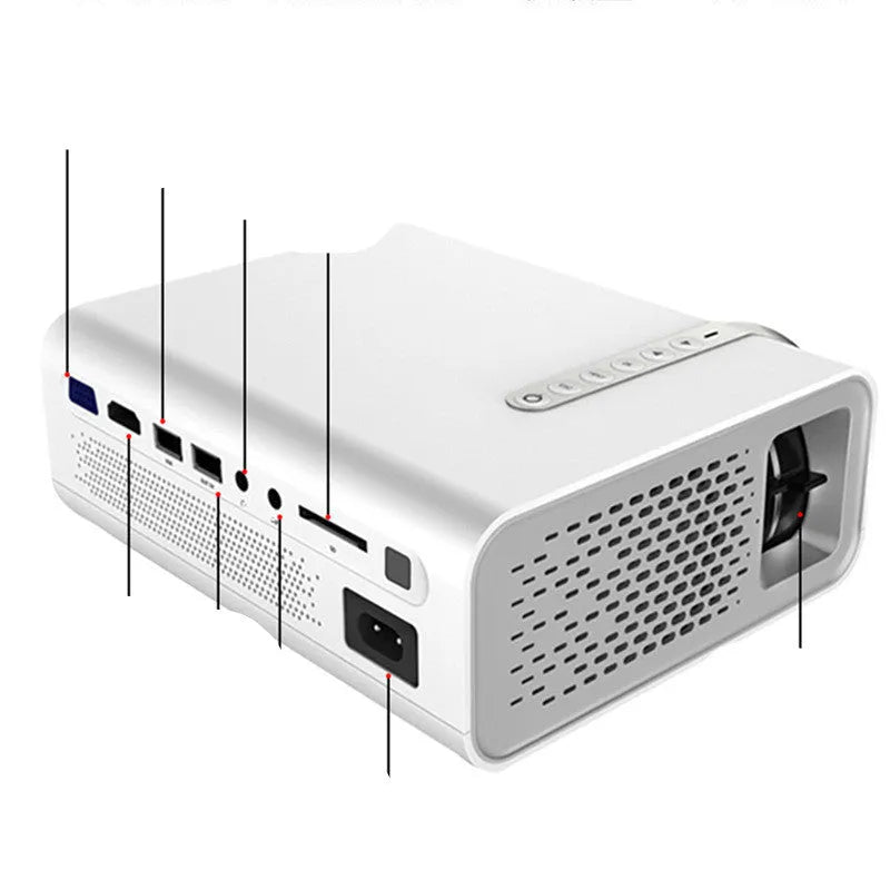 Black YG530 mini wireless mobile phone projector showing a projected image on a wall.