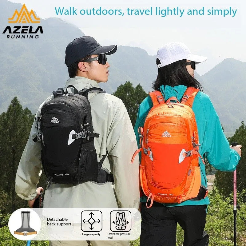 AZELA grey hiking backpack with adjustable straps on rocky trail outdoor setting
